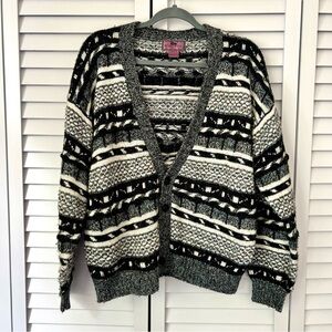 Vintage Concrete Mix black and white chunky oversized cardigan sweater sz small